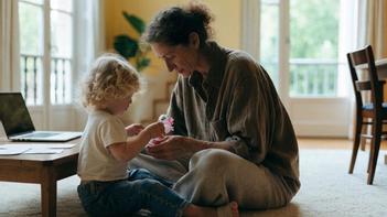 Un parent et son jeune enfant jouent ensemble sur le tapis du salon, illustrant l'allocation familiale pour 1 enfant.