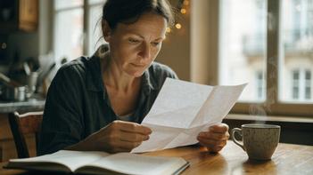 Une femme lit un courrier à la table de sa cuisine pour savoir si elle peut toucher la prime de Noël ASS